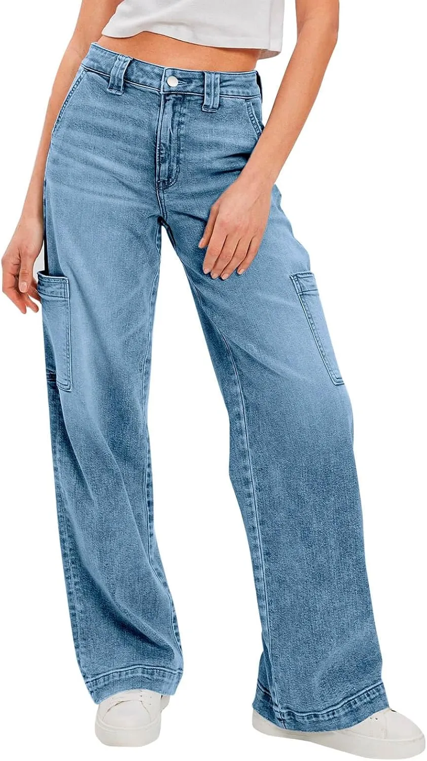 PLNOTME Women's Cargo Jeans Baggy High Waisted Wide Leg Casual Denim Pants with Pockets