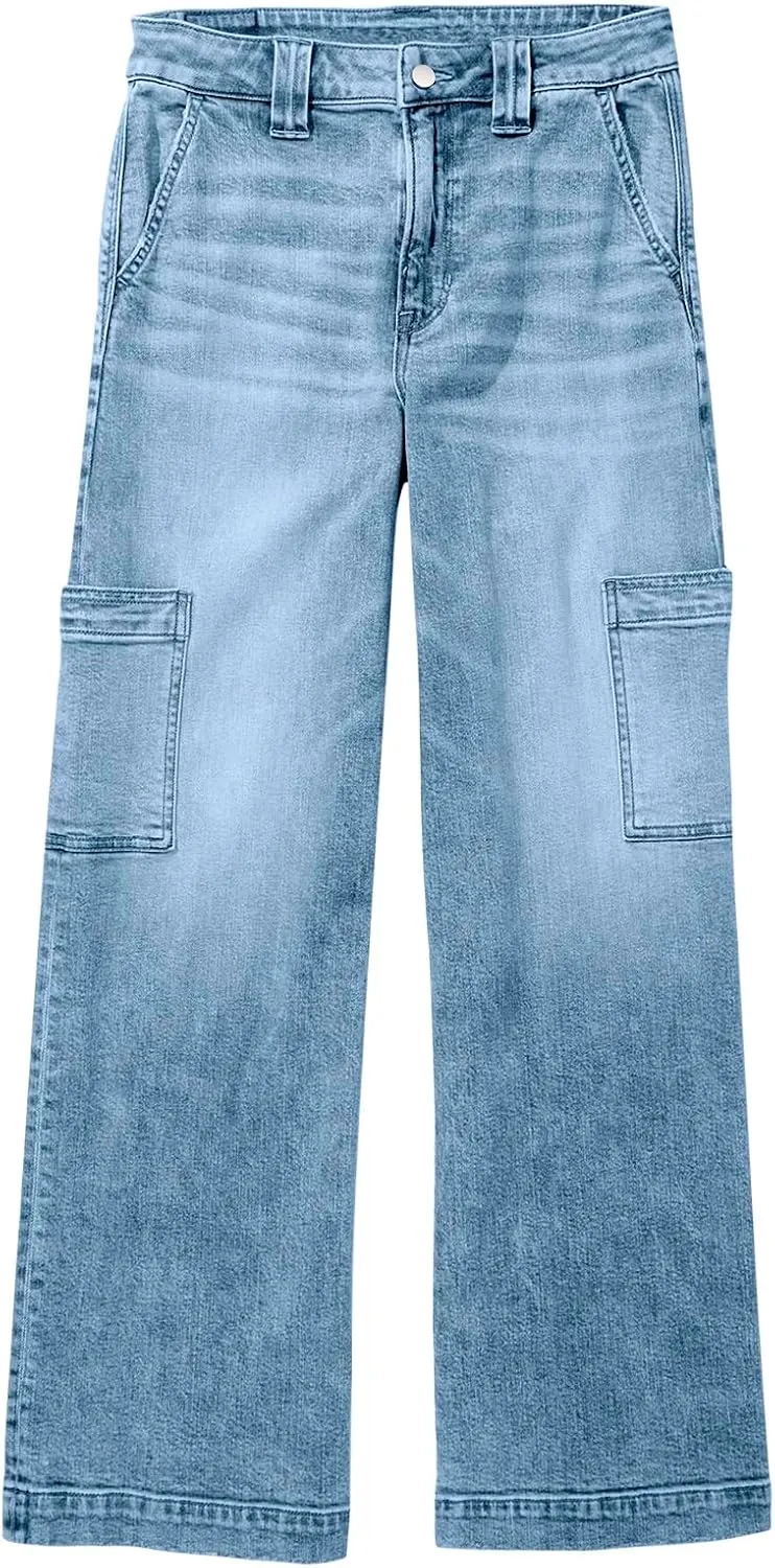 PLNOTME Women's Cargo Jeans Baggy High Waisted Wide Leg Casual Denim Pants with Pockets
