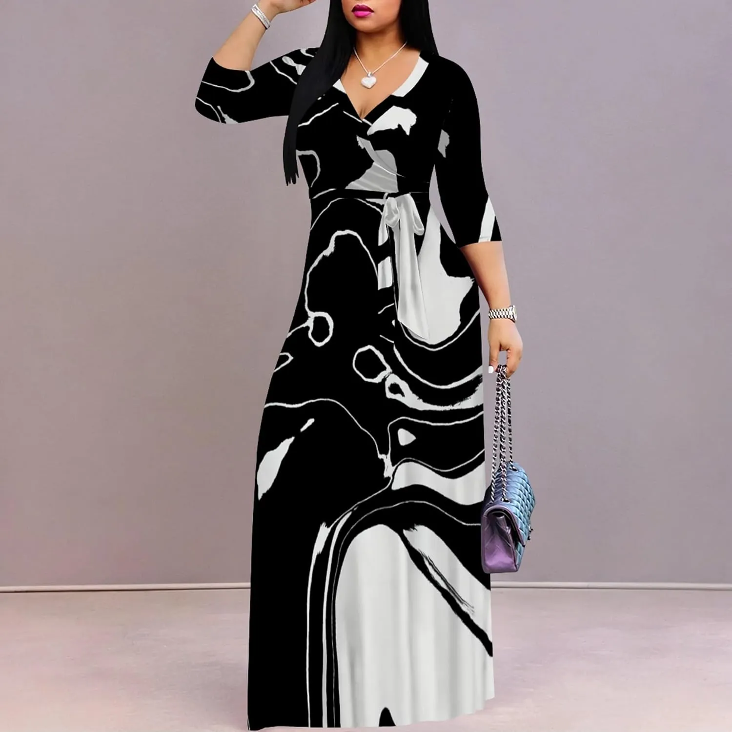 Plus Size Dresses for Curvy Women Casual Maxi Dress Flowy 3/4 Sleeve with Belt