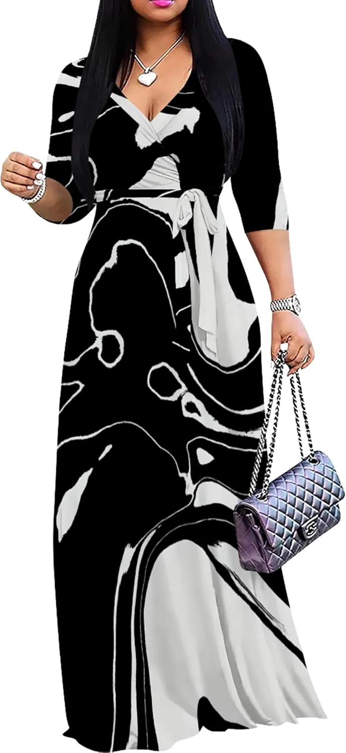 Plus Size Dresses for Curvy Women Casual Maxi Dress Flowy 3/4 Sleeve with Belt