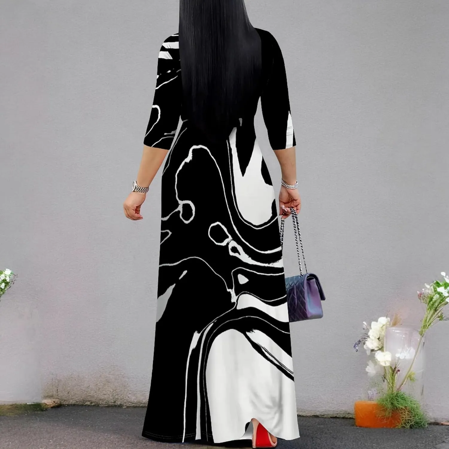 Plus Size Dresses for Curvy Women Casual Maxi Dress Flowy 3/4 Sleeve with Belt