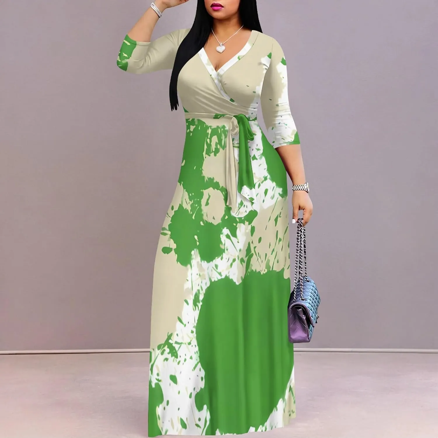 Plus Size Dresses for Curvy Women Casual Maxi Dress Flowy 3/4 Sleeve with Belt