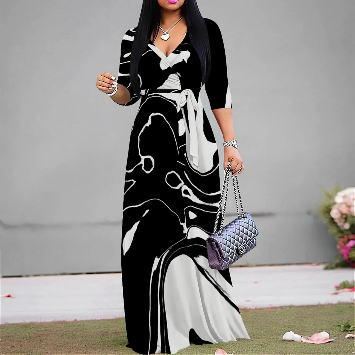 Plus Size Dresses for Curvy Women Casual Maxi Dress Flowy 3/4 Sleeve with Belt