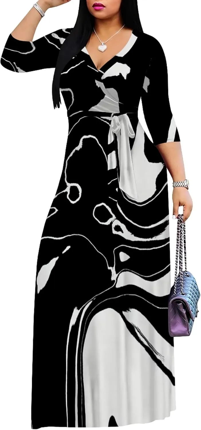 Plus Size Dresses for Curvy Women Casual Maxi Dress Flowy 3/4 Sleeve with Belt