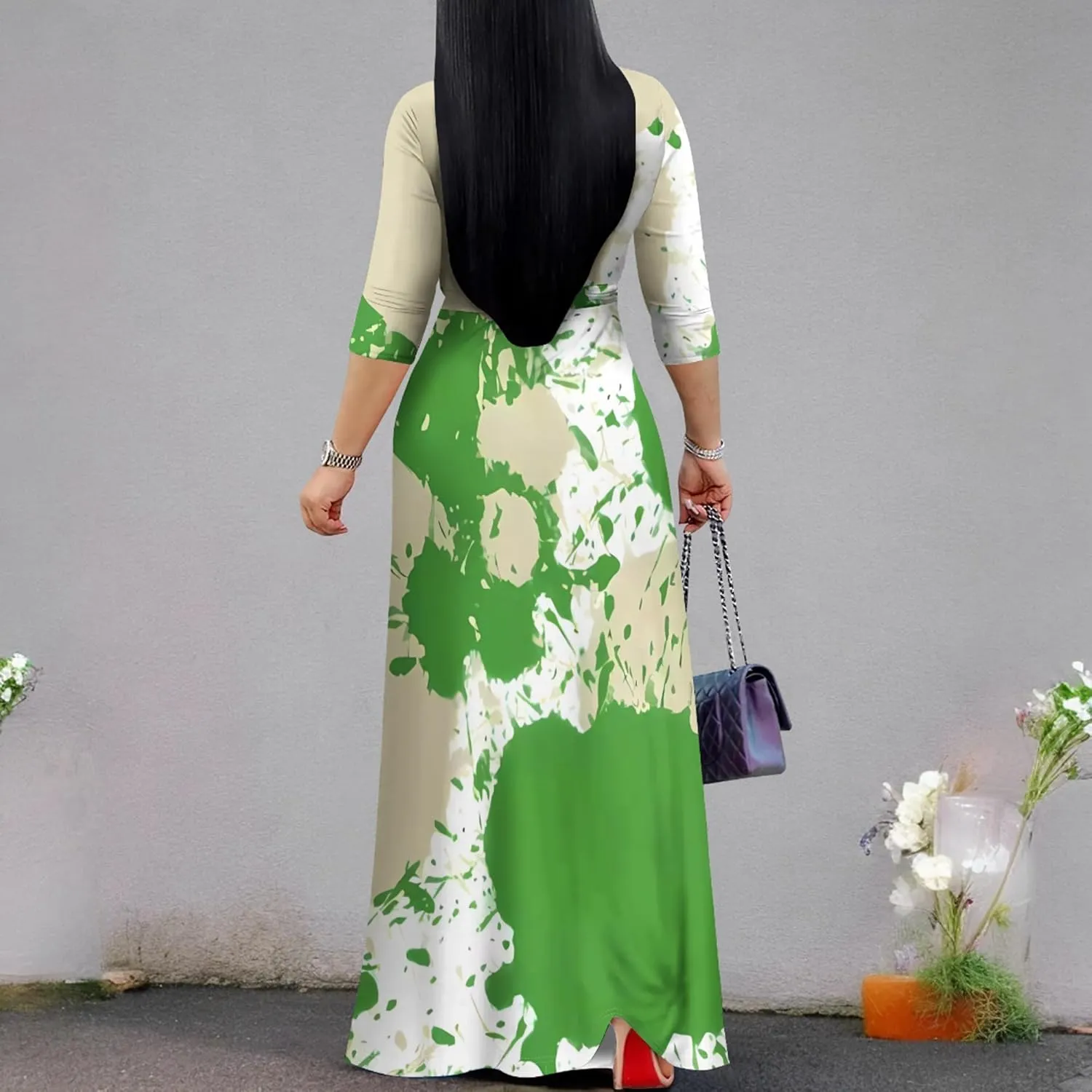 Plus Size Dresses for Curvy Women Casual Maxi Dress Flowy 3/4 Sleeve with Belt