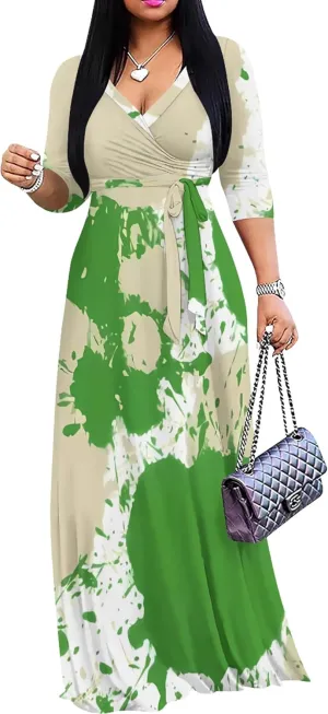Plus Size Dresses for Curvy Women Casual Maxi Dress Flowy 3/4 Sleeve with Belt