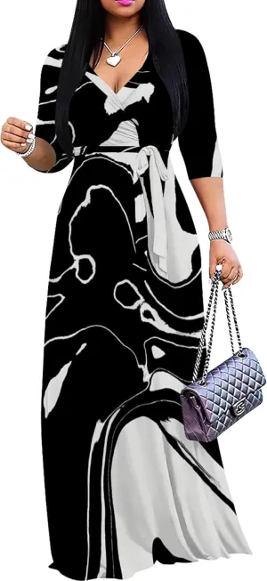 Plus Size Dresses for Curvy Women Casual Maxi Dress Flowy 3/4 Sleeve with Belt
