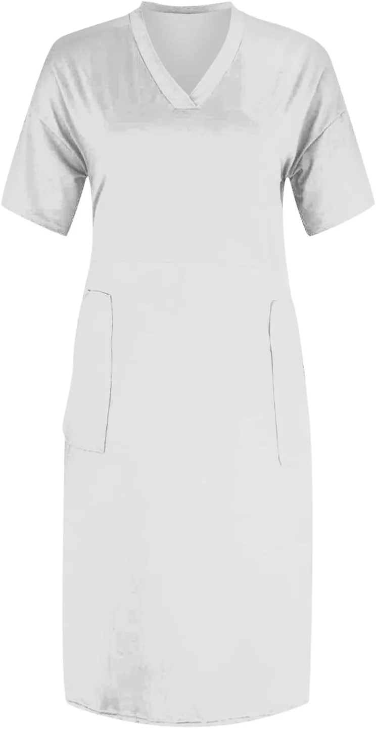 Plus Size Dresses for Curvy Women Spring V Neck Short Sleeve Casual Summer Dress Loose Beach Midi Dress with Pockets