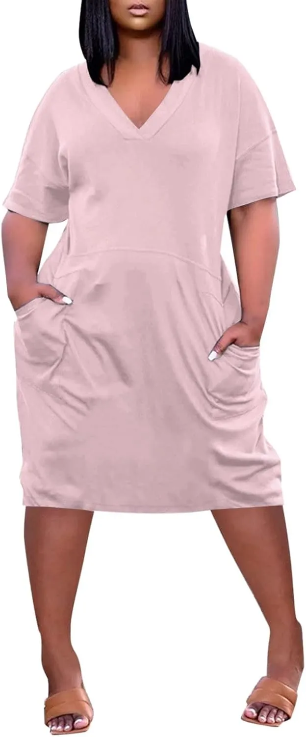 Plus Size Dresses for Curvy Women Spring V Neck Short Sleeve Casual Summer Dress Loose Beach Midi Dress with Pockets