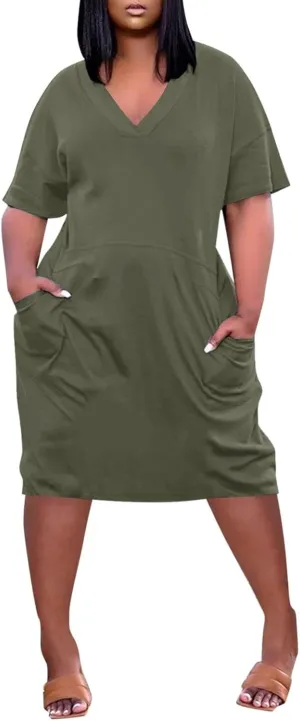 Plus Size Dresses for Curvy Women Spring V Neck Short Sleeve Casual Summer Dress Loose Beach Midi Dress with Pockets