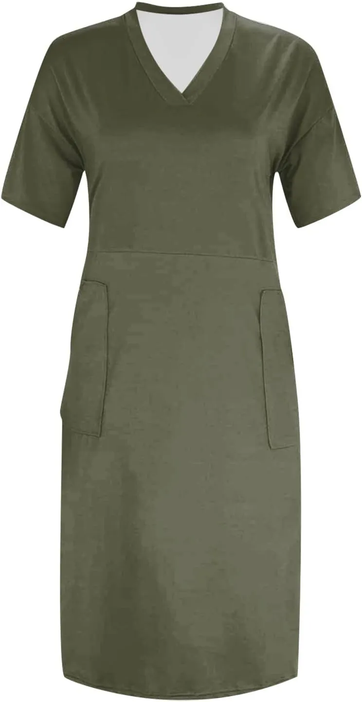 Plus Size Dresses for Curvy Women Spring V Neck Short Sleeve Casual Summer Dress Loose Beach Midi Dress with Pockets