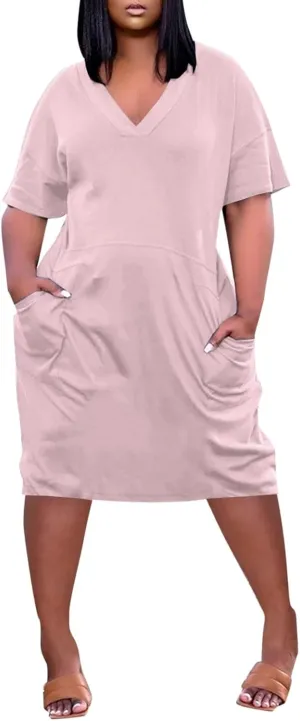 Plus Size Dresses for Curvy Women Spring V Neck Short Sleeve Casual Summer Dress Loose Beach Midi Dress with Pockets