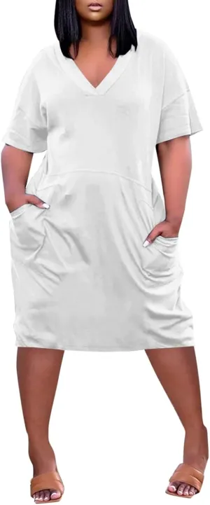 Plus Size Dresses for Curvy Women Spring V Neck Short Sleeve Casual Summer Dress Loose Beach Midi Dress with Pockets