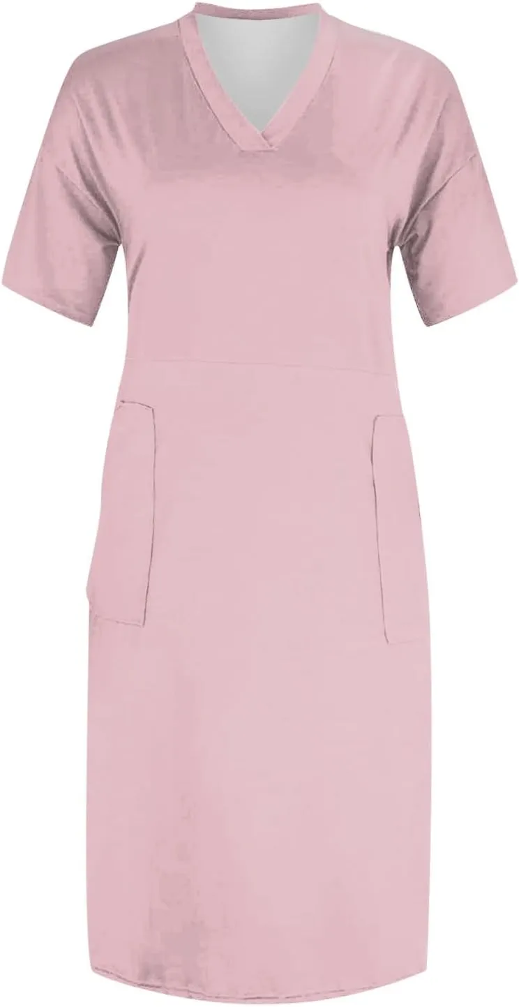 Plus Size Dresses for Curvy Women Spring V Neck Short Sleeve Casual Summer Dress Loose Beach Midi Dress with Pockets