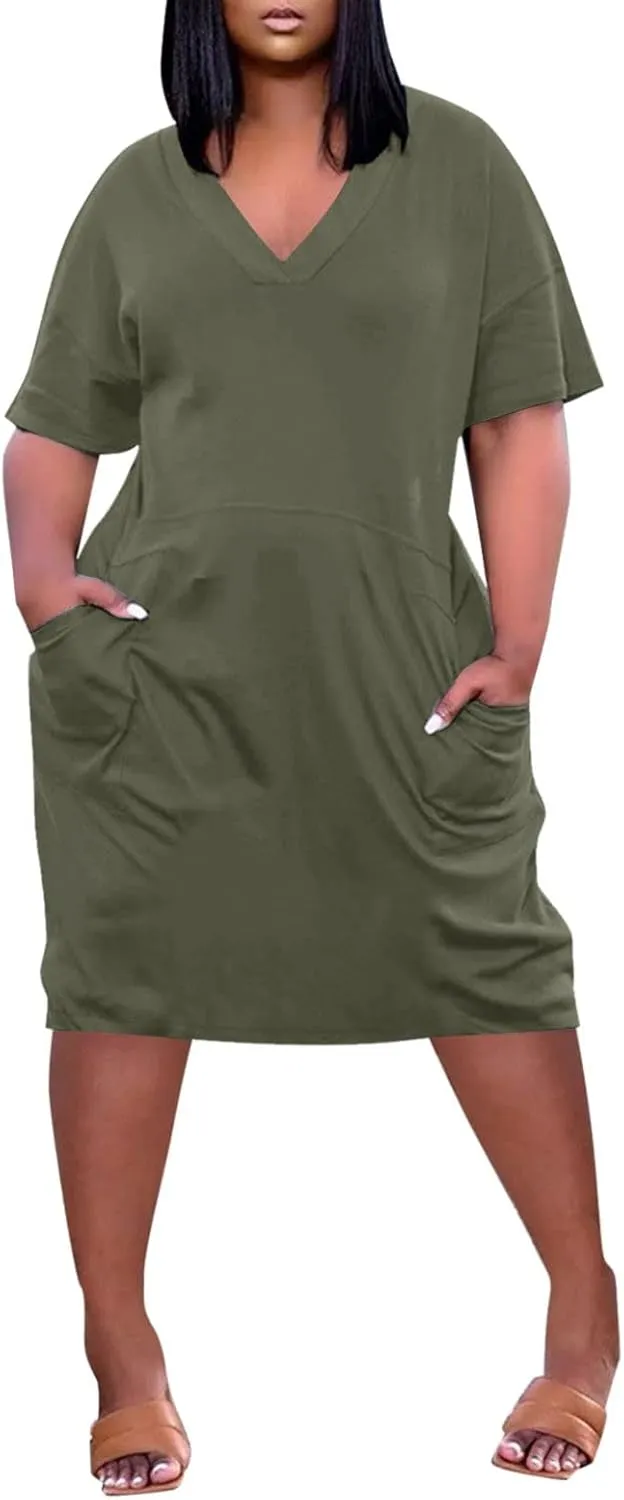 Plus Size Dresses for Curvy Women Spring V Neck Short Sleeve Casual Summer Dress Loose Beach Midi Dress with Pockets