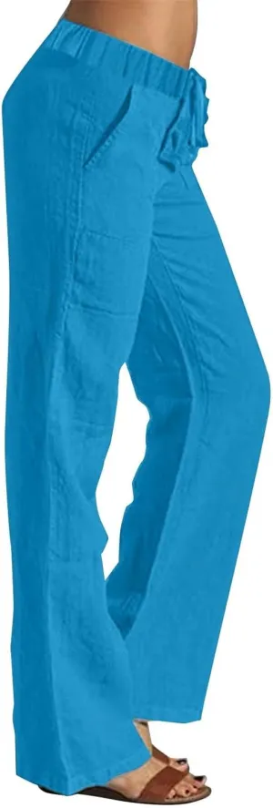 Plus Size Linen Pants for Women Capri Pants Cotton High Waisted Trousers Casual Summer Beach Lounge Trousers