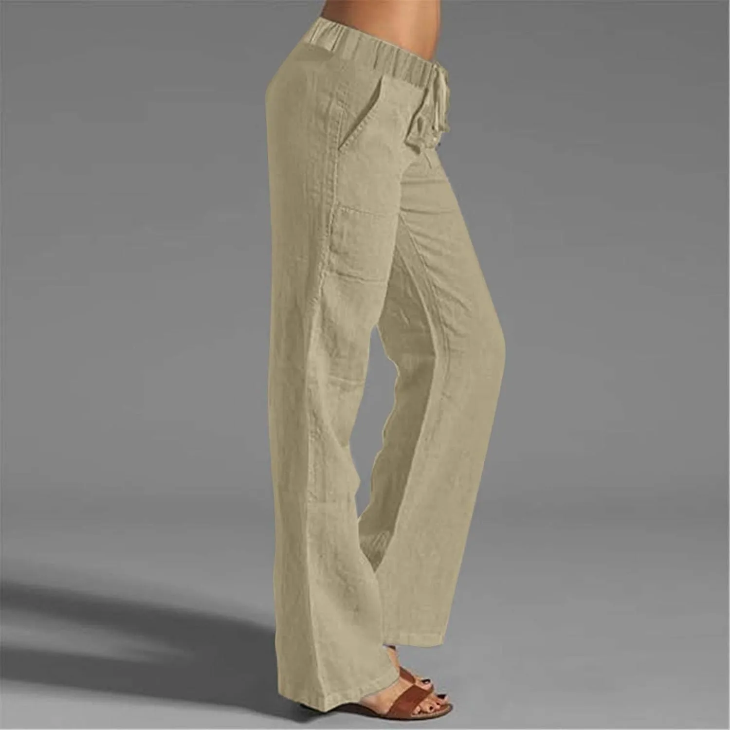 Plus Size Linen Pants for Women Capri Pants Cotton High Waisted Trousers Casual Summer Beach Lounge Trousers