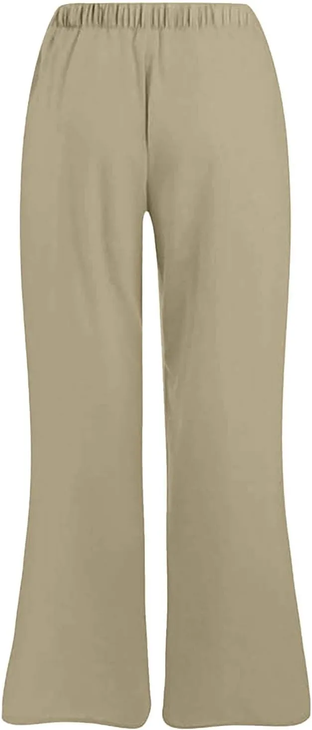 Plus Size Linen Pants for Women Capri Pants Cotton High Waisted Trousers Casual Summer Beach Lounge Trousers