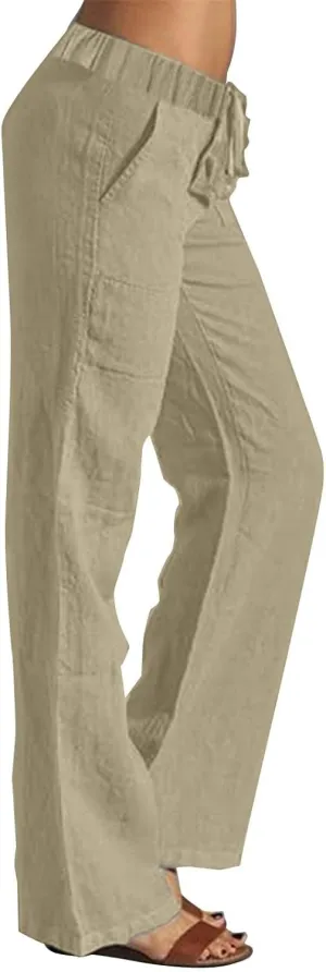 Plus Size Linen Pants for Women Capri Pants Cotton High Waisted Trousers Casual Summer Beach Lounge Trousers