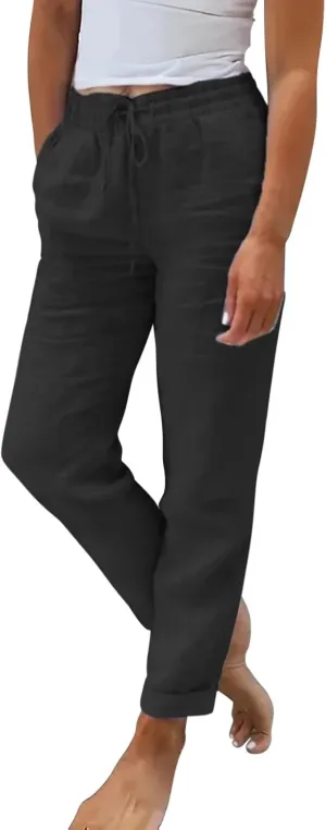 Plus Size Linen Pants for Women Drawstring Straight Lightweight Trousers with Pockets Solid Casual Loose Lounge Pants