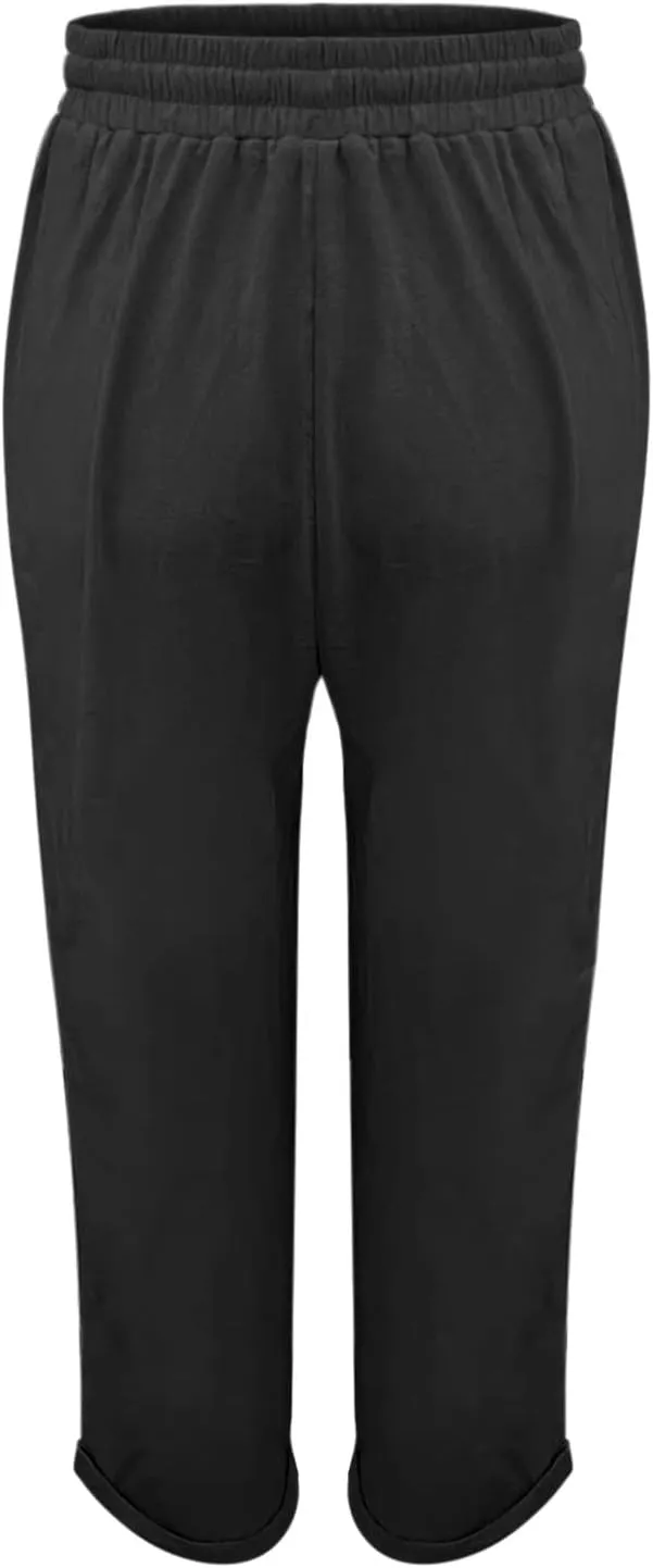 Plus Size Linen Pants for Women Drawstring Straight Lightweight Trousers with Pockets Solid Casual Loose Lounge Pants