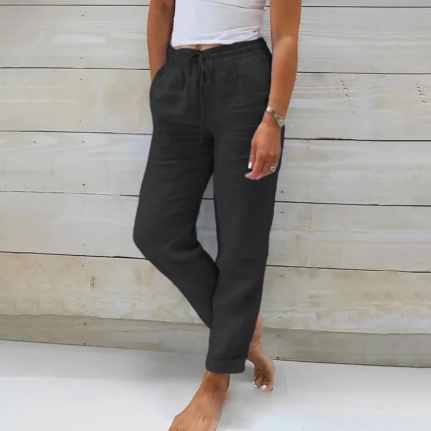 Plus Size Linen Pants for Women Drawstring Straight Lightweight Trousers with Pockets Solid Casual Loose Lounge Pants