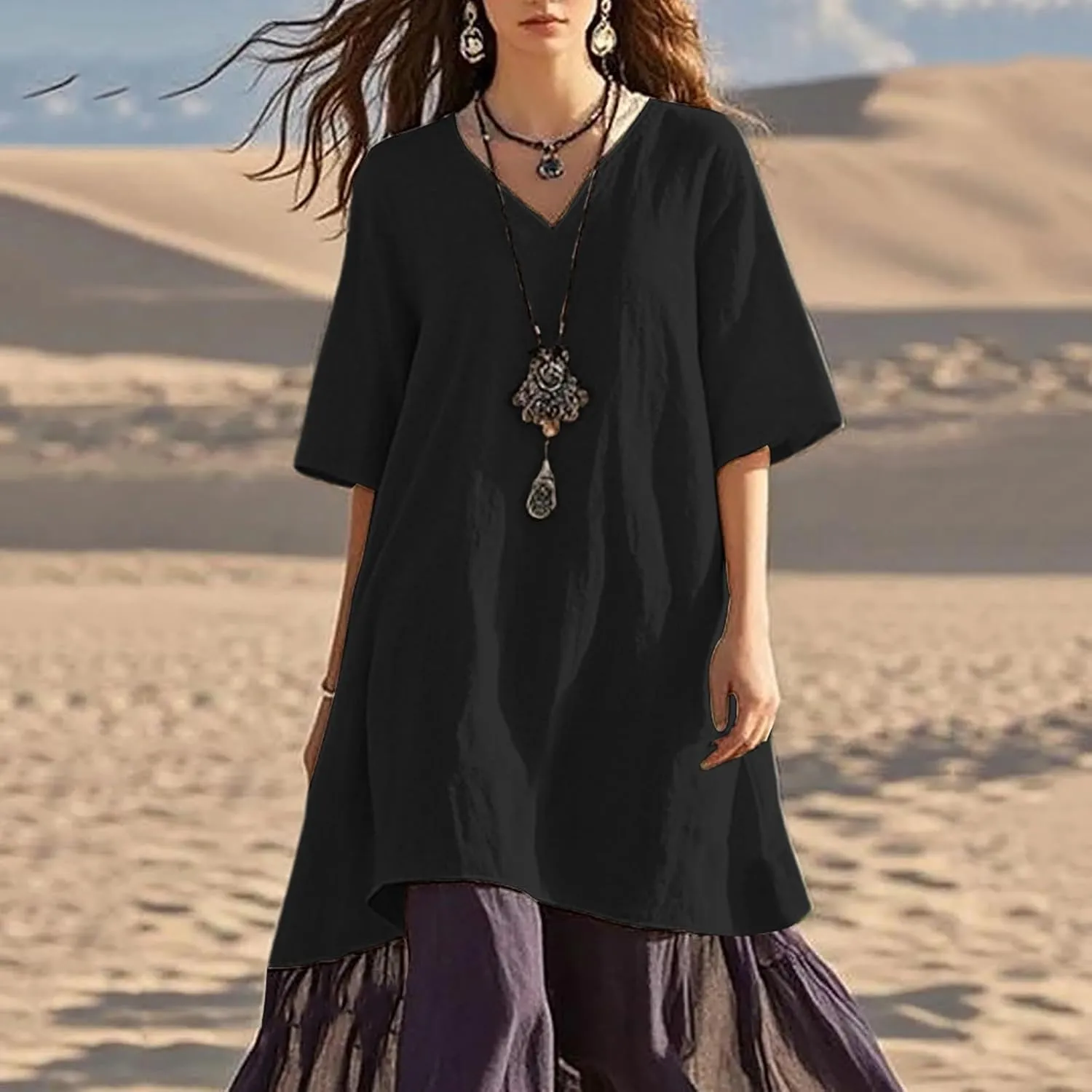 Plus Size Patchwork T Shirt Dress Women Summer Half Sleeve V Neck Flowy A-Line Dresses Color Block Fake Two Pieces
