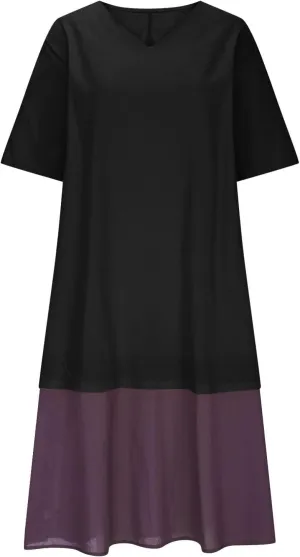 Plus Size Patchwork T Shirt Dress Women Summer Half Sleeve V Neck Flowy A-Line Dresses Color Block Fake Two Pieces