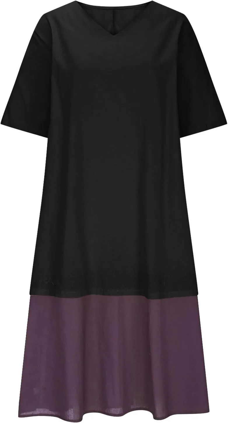 Plus Size Patchwork T Shirt Dress Women Summer Half Sleeve V Neck Flowy A-Line Dresses Color Block Fake Two Pieces