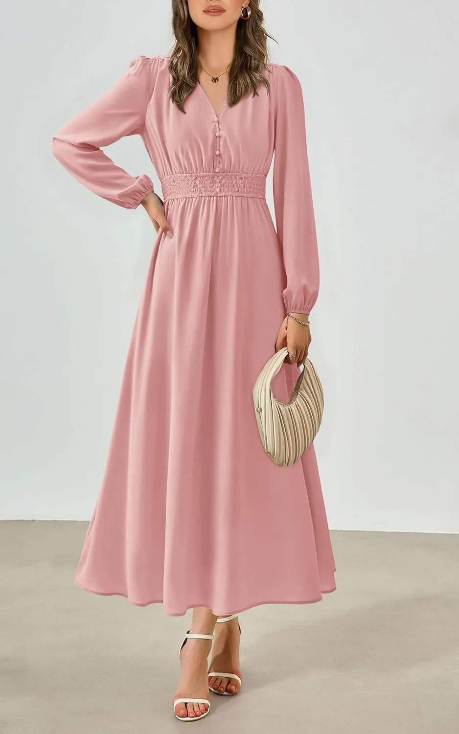 PRTTYGARDEN Womens Long Sleeve Maxi Dress 2025 Spring Trendy Elegant V Neck Flowy Wedding Guest Holiday Formal Long Dresses