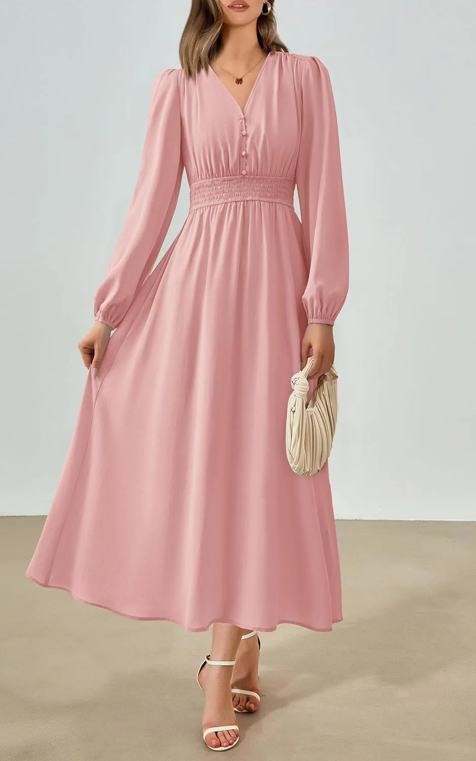 PRTTYGARDEN Womens Long Sleeve Maxi Dress 2025 Spring Trendy Elegant V Neck Flowy Wedding Guest Holiday Formal Long Dresses