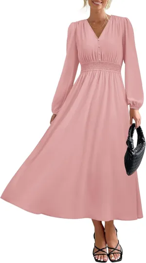 PRTTYGARDEN Womens Long Sleeve Maxi Dress 2025 Spring Trendy Elegant V Neck Flowy Wedding Guest Holiday Formal Long Dresses