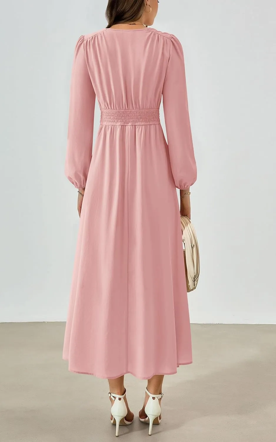PRTTYGARDEN Womens Long Sleeve Maxi Dress 2025 Spring Trendy Elegant V Neck Flowy Wedding Guest Holiday Formal Long Dresses