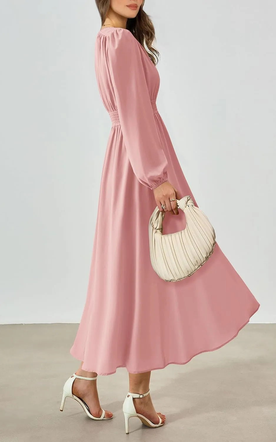 PRTTYGARDEN Womens Long Sleeve Maxi Dress 2025 Spring Trendy Elegant V Neck Flowy Wedding Guest Holiday Formal Long Dresses