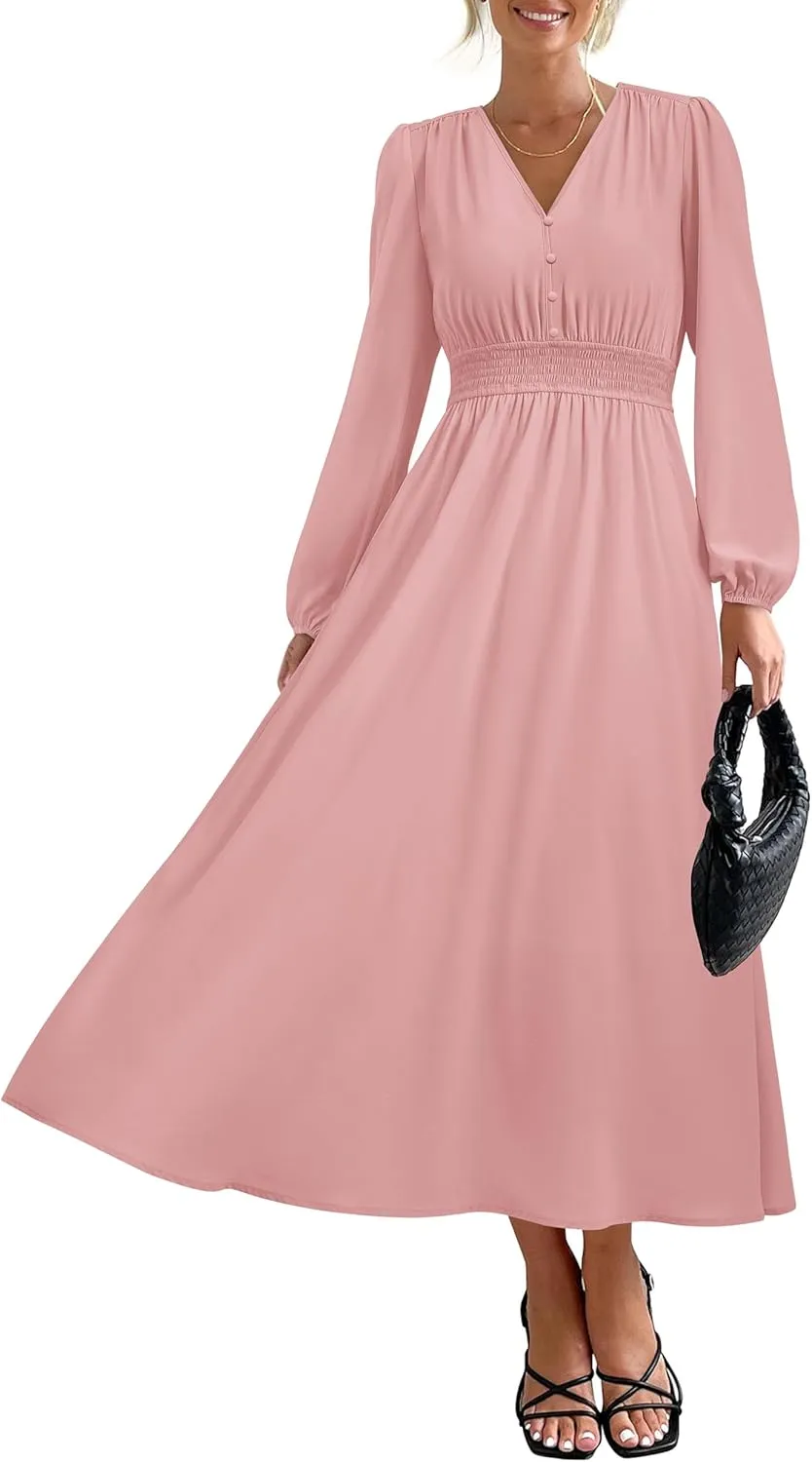 PRTTYGARDEN Womens Long Sleeve Maxi Dress 2025 Spring Trendy Elegant V Neck Flowy Wedding Guest Holiday Formal Long Dresses