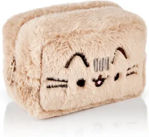 Pusheen Womens Fluffy Makeup Bag | Ladies All Over Fur with Embroidered Logo in Tan | Classic Logo Zip Cosmetic Storage Bag