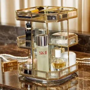 PuTwo Makeup Organizer 360 Degree Rotating 3 Layers Large Multi-Function Makeup Storage Glass Vintage Cosmetic Organizer for Countertop Bathroom Dresser Fits Different Types of Cosmetics - Gold