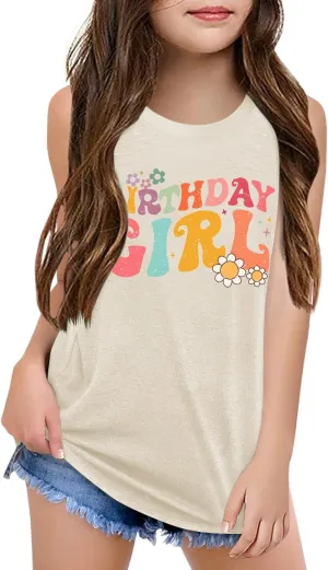 Qbily Tank Tops for Girls Kids Summer Casual Cute Sleeveless Crewneck Graphic T Shirt 5-14 Years