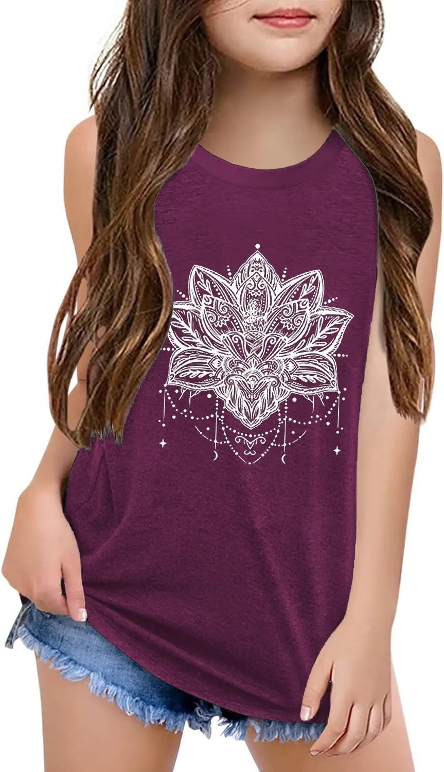 Qbily Tank Tops for Girls Kids Summer Casual Cute Sleeveless Crewneck Graphic T Shirt 5-14 Years