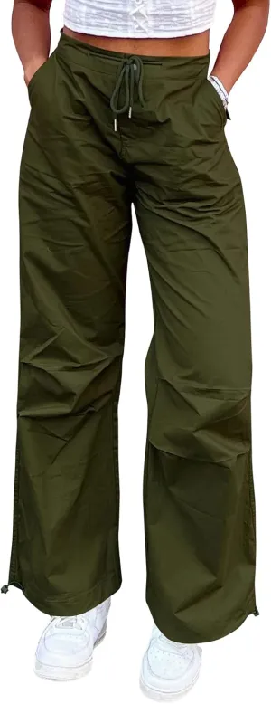 Qirno Y2K Cotton Cargo Pants for Women Drawstring Baggy Parachute Pants High Waist with Pockets