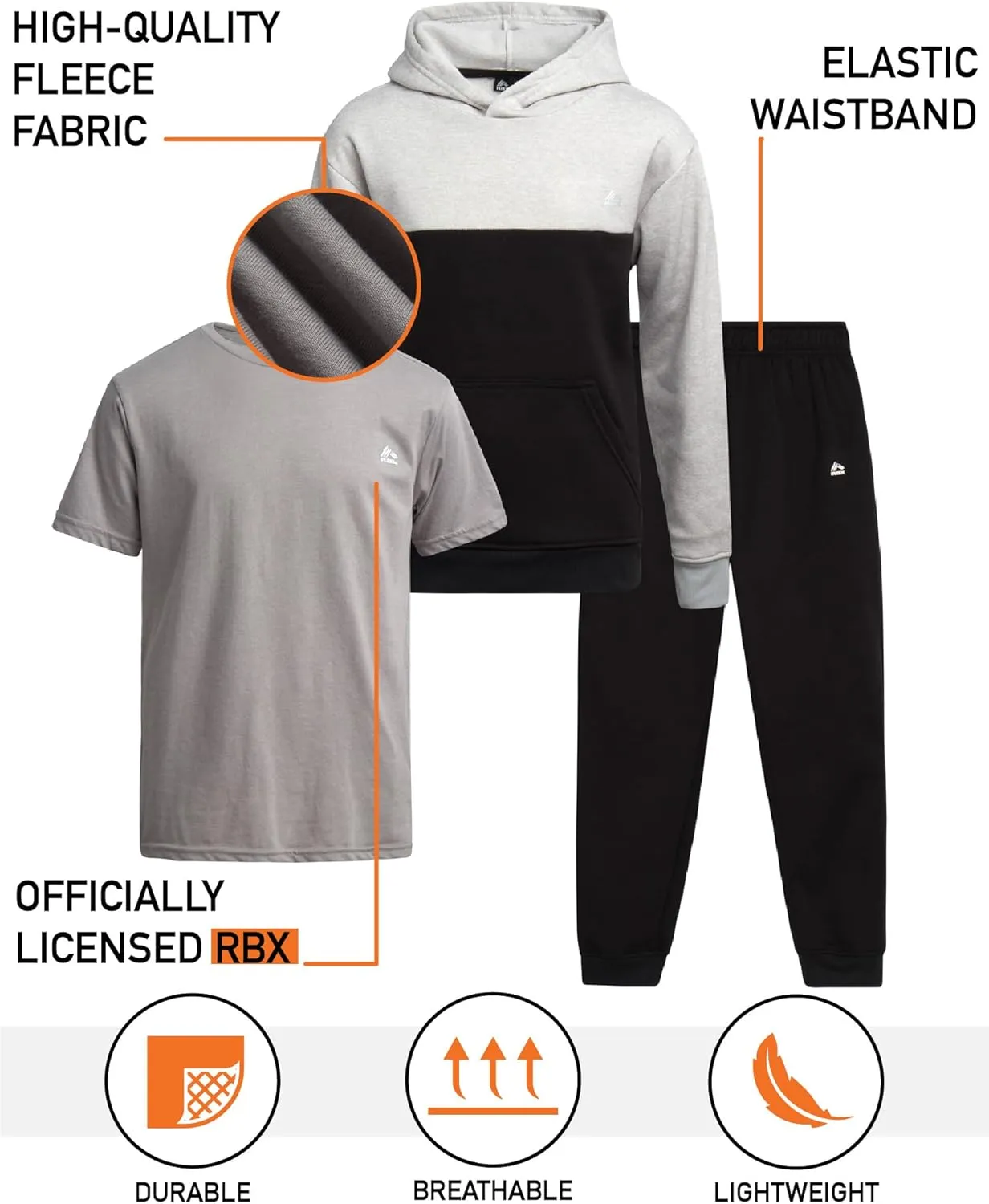 RBX Boys' Active Sweatsuit Set - 3 Piece Fleece Pullover Hoodie, Athletic T-shirt, and Jogger Sweatpants Set (Sizes: 2T-12)