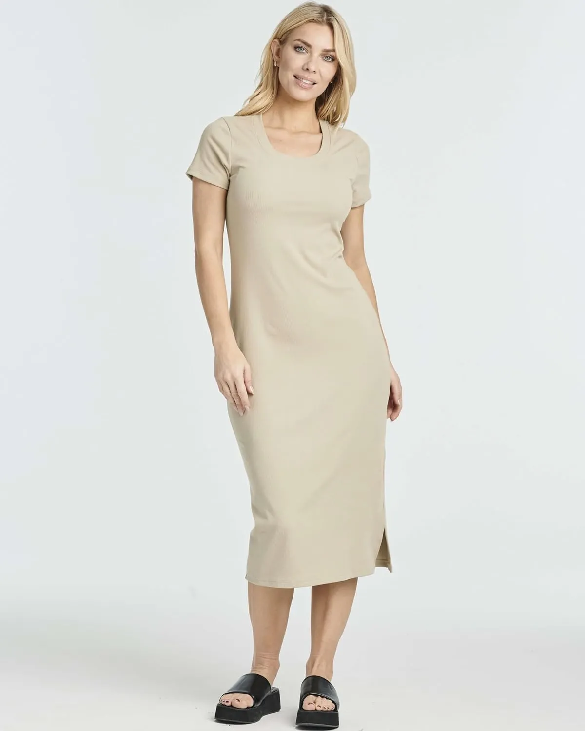 Real Essentials 3 Pack: Women's Ribbed Jersey Crew Neck Short Sleeve Midi Length Dress with Side Slit