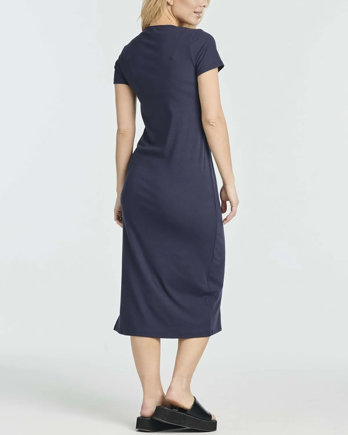 Real Essentials 3 Pack: Women's Ribbed Jersey Crew Neck Short Sleeve Midi Length Dress with Side Slit