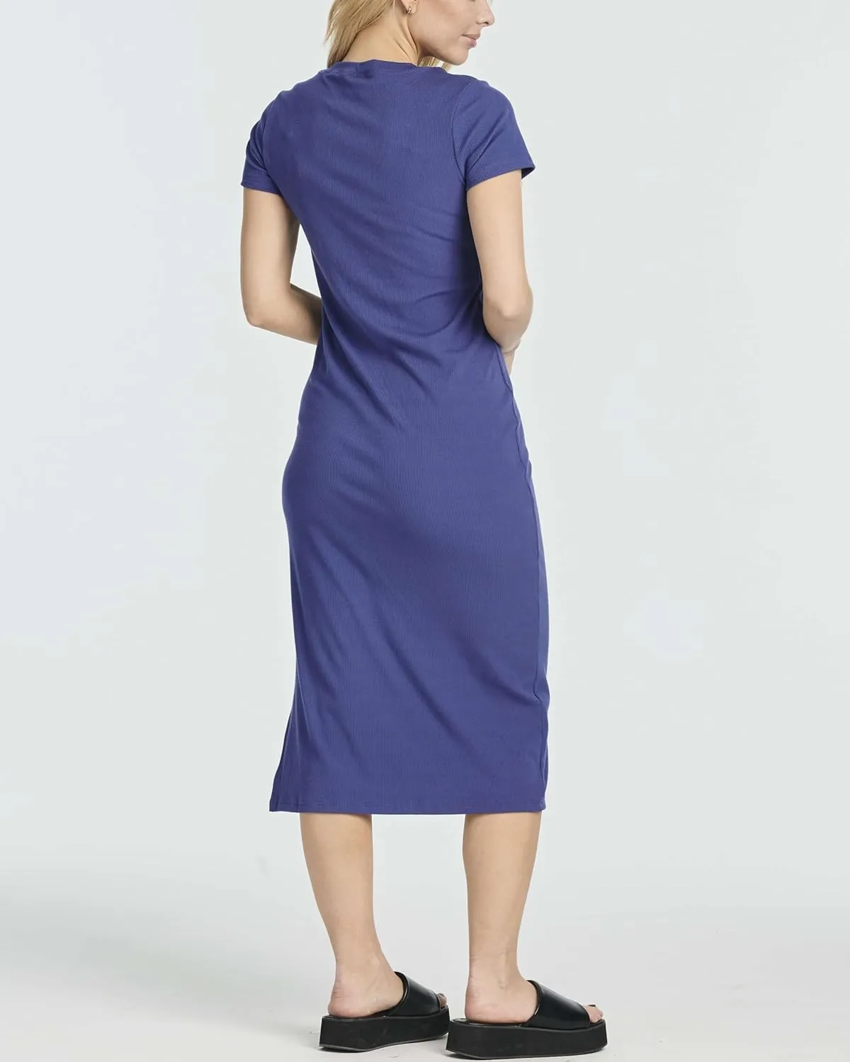 Real Essentials 3 Pack: Women's Ribbed Jersey Crew Neck Short Sleeve Midi Length Dress with Side Slit