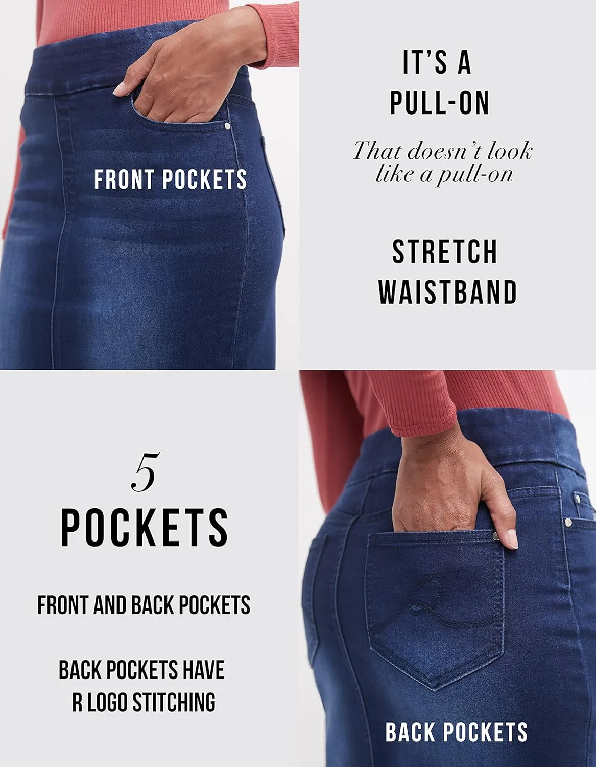 REKUCCI Womens Ease into Comfort Pull-On Stretch Denim Skirt  Soft Jean Fabric, Flattering Slim Fit, All-Day Comfort