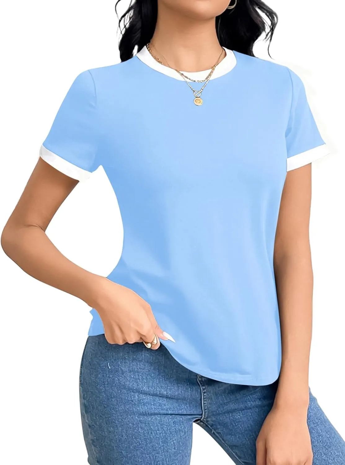 Remidoo Womens Ringer Tee Crew Neck Color Block Casual Summer Short Sleeve T Shirt