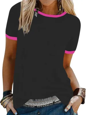 Remidoo Womens Ringer Tee Crew Neck Color Block Casual Summer Short Sleeve T Shirt