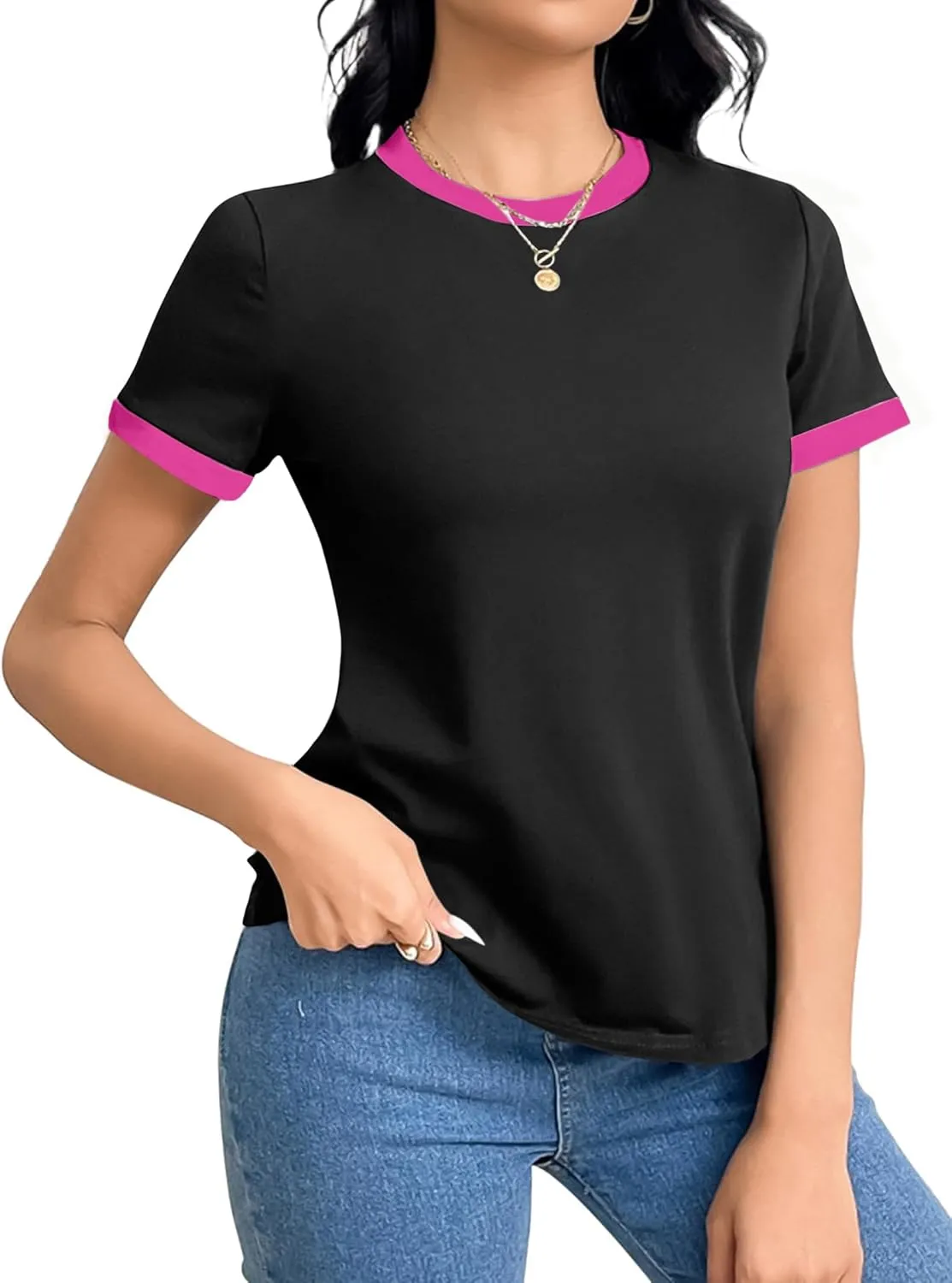 Remidoo Womens Ringer Tee Crew Neck Color Block Casual Summer Short Sleeve T Shirt