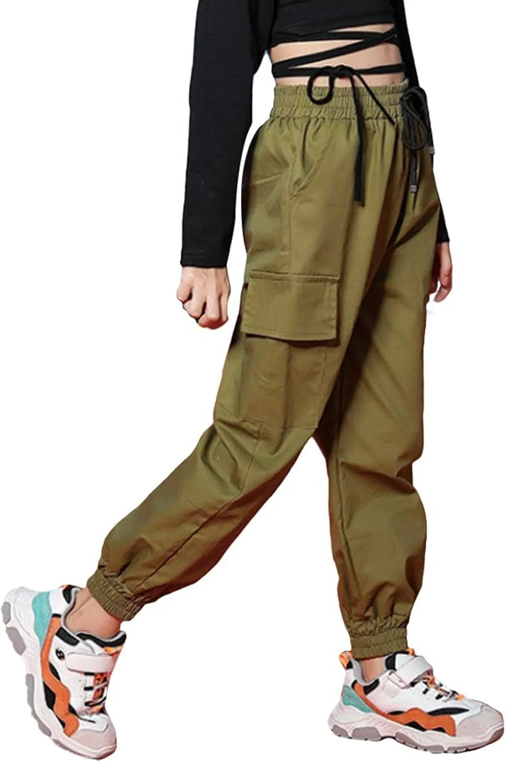 Rolanko Girls Cargo Pants for Kids Loose Streetwear Hip Hop Dance Cotton Cargo Jogger Pants for Kids 4-15 Years