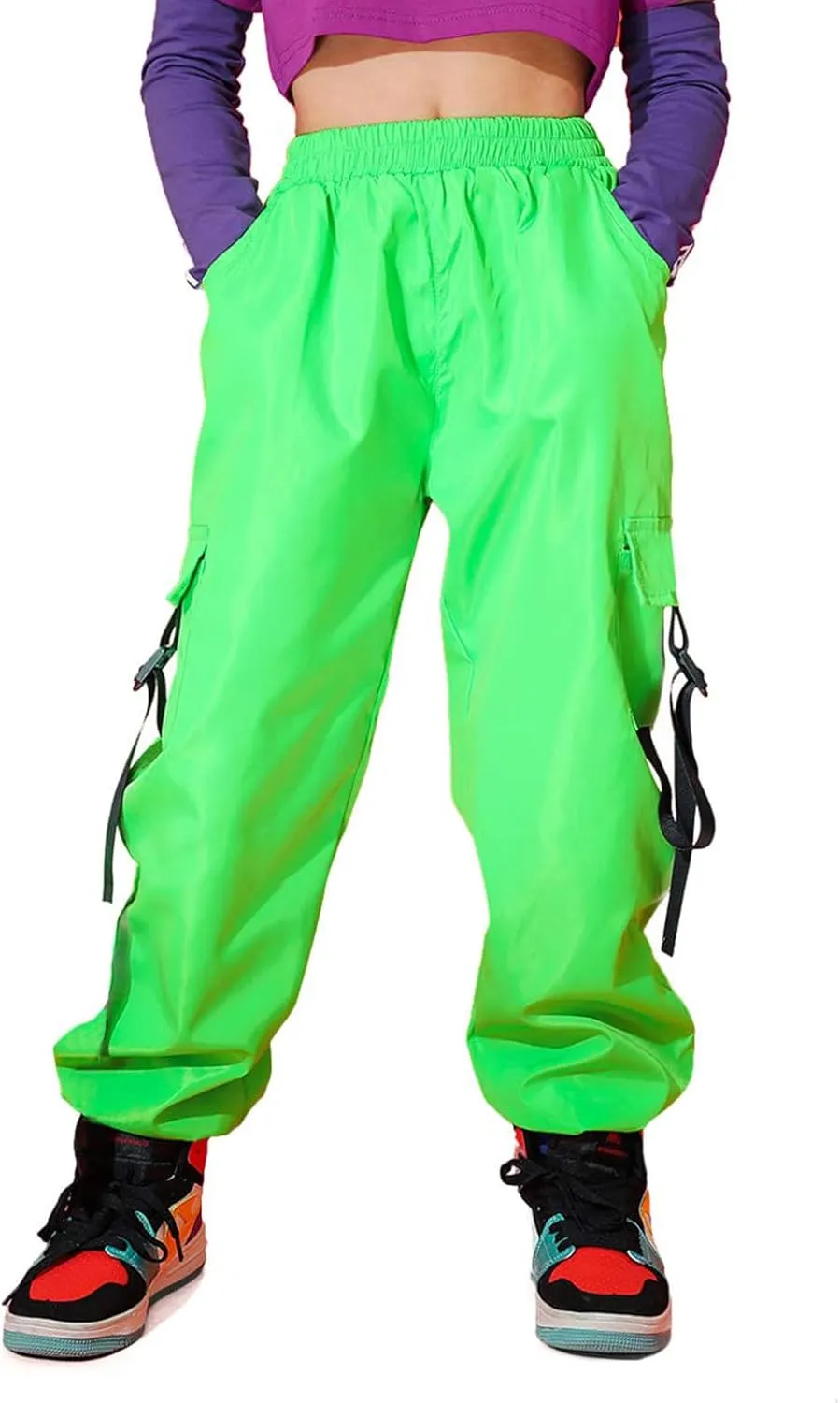 Rolanko Girls Cargo Pants for Kids Loose Streetwear Hip Hop Dance Cotton Cargo Jogger Pants for Kids 4-15 Years